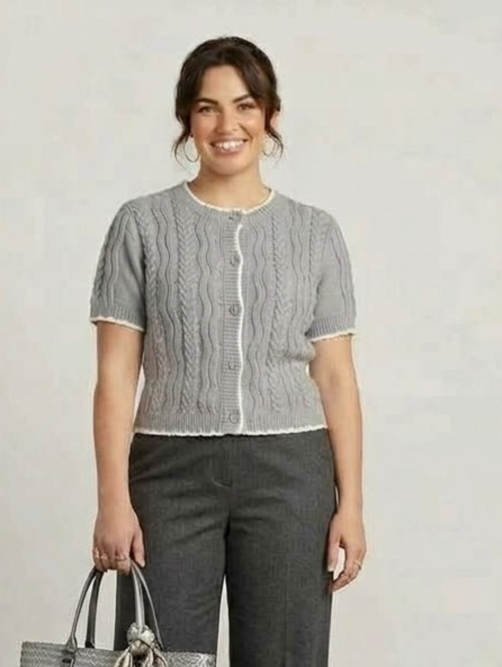 Cable-Knit Short-Sleeve Cardigan in Light Gray with Contrast Trim